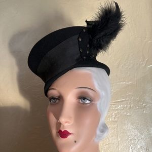 FABULOUS 1930s' BLACK FELT "COSSACK" STYLE HAT WITH STUDS & FEATHERS